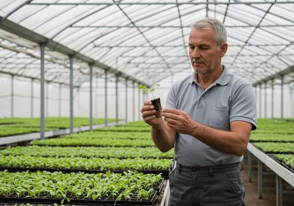 Greenhouse expert examining plants